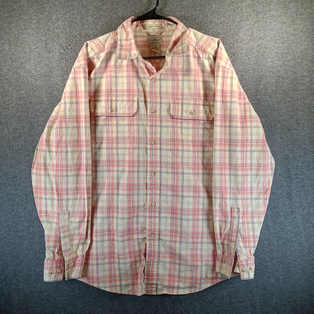 LL Bean Sunwashed Canvas Shirt Mens L Pink Plaid Outdoor Pockets Traditional Fit
